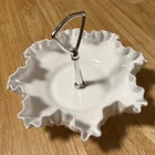 Vintage Fenton White Milk Glass Hobnail Tidbit Ruffle Tray Dish w/Chrome Handle