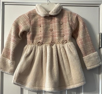Little Kiki's Girls Pink Cream Faux Fur Plaid Dress Fur Trim Collared 24months.