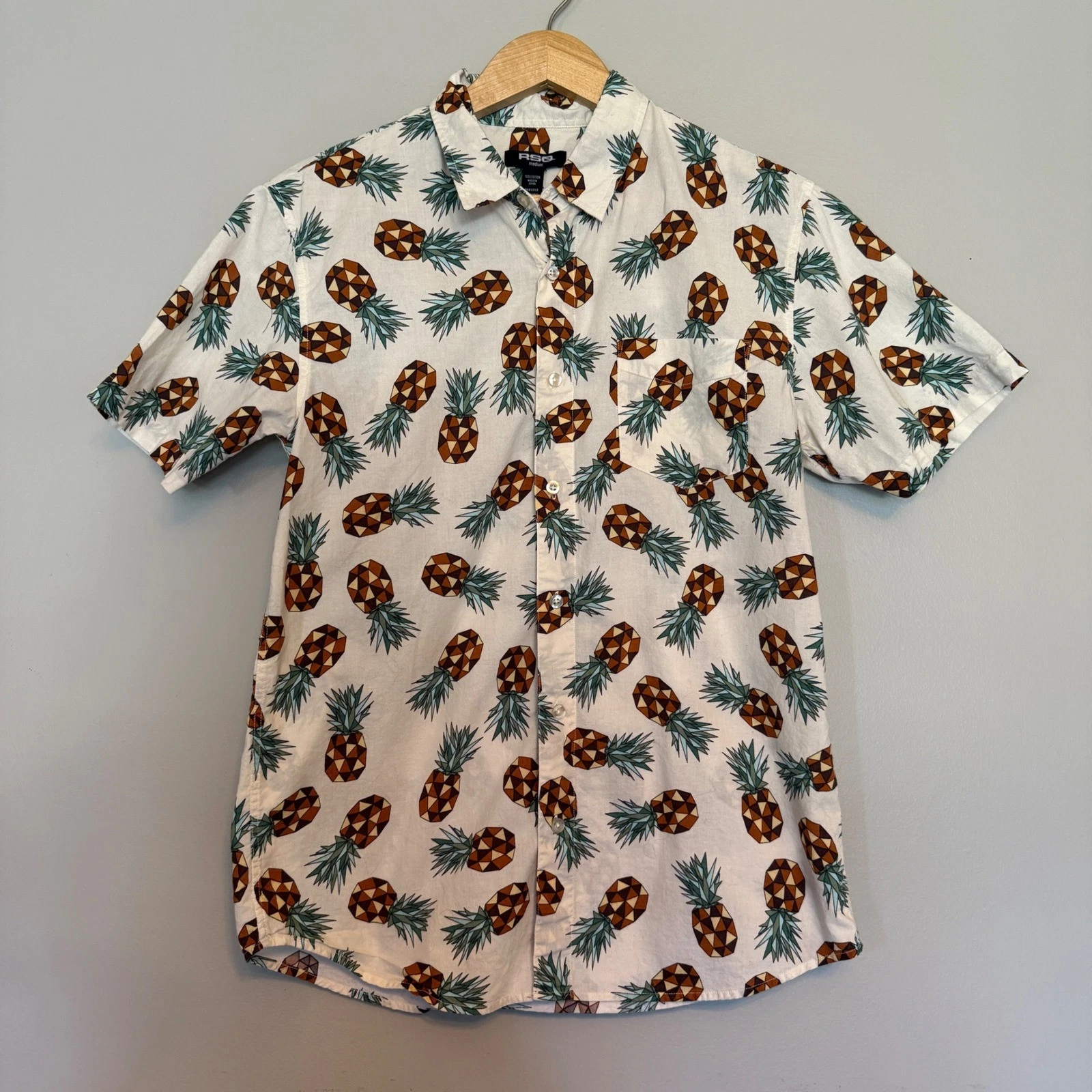 RSQ Mens Geometric Pineapple Print Short Sleeve Button Down Shirt White Medium