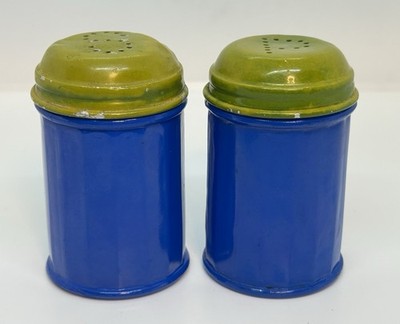 Vintage MCM Blue Green Large Salt Pepper Shakers Glass Metal Gemco Westinghouse