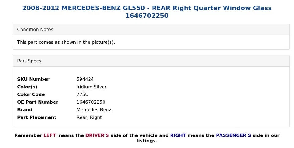 Mercedes-Benz GL550 2008-2012 - Cuarto trasero derecho ventana cristal 1646702250 Foto 4 de 4