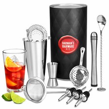 Barman's Barware Kit with Boston Cocktail Shaker 3 Strainers Muddler and More!