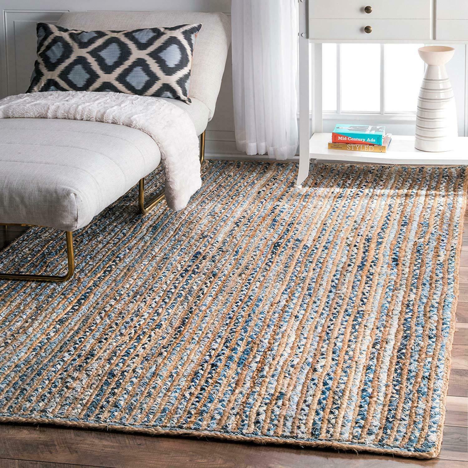 nuLOOM Hand Braided Striped Jute and Denim Area Rug Blue 3' X 5 