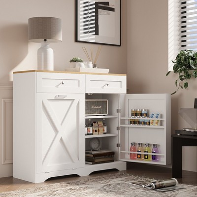 Farmhouse Kitchen Island Cart Tilt Out Trash Can Storage Cabinet with Drawers