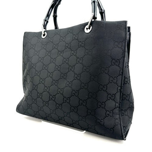 GUCCI Bamboo GG Canvas Tote Hand Bag silver Black Authentic - Picture 2 of 18