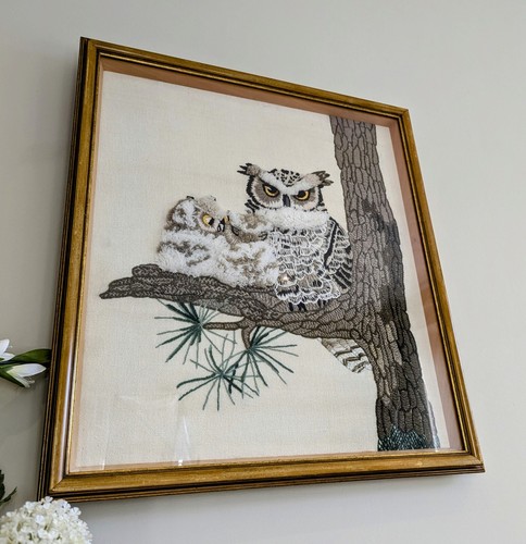Vintage Owl Needlepoint, Framed Picture, Crewel Yarn Embroidery Boho - Picture 4 of 17