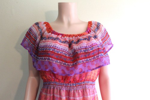 Gunit XL Maxi Dress Paisley Chiffon Elastic Ruffle Neck Poly Pink Orange Lilac - Picture 6 of 11