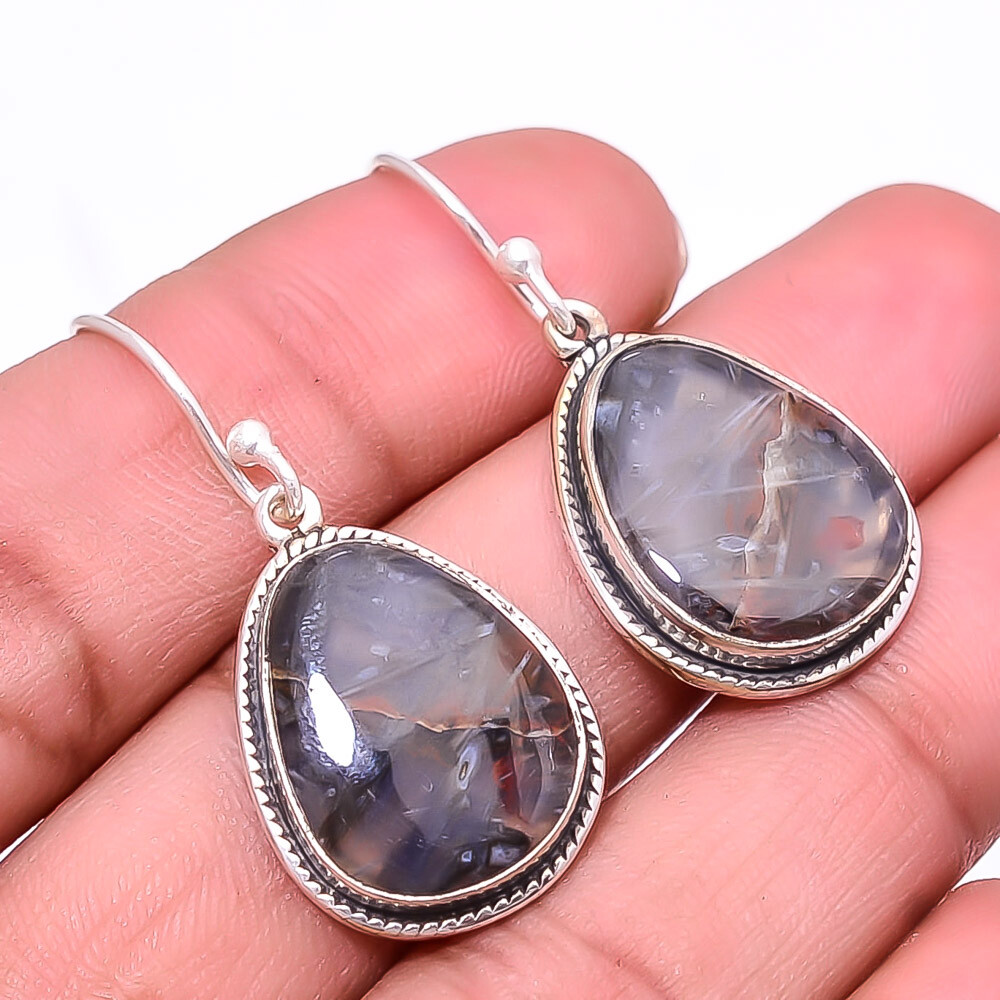 Natural Turkish Stick Agate Designer 925 Sterling Silver Earring 1.56