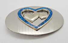 Ladies Twin Hearts Belt Buckle 3.25" Polished Metal Heart Love Peace Blue Inlay