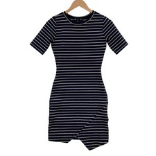 IRIS Women's Navy & Tan Striped Short Sleeve Side Zipper A-Line Dress Size Small