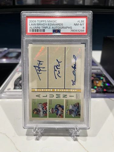 2009 Topps Magic Tom Brady Law Edwards Alumni Triple Auto #10/25 PSA 8 GOAT HOF