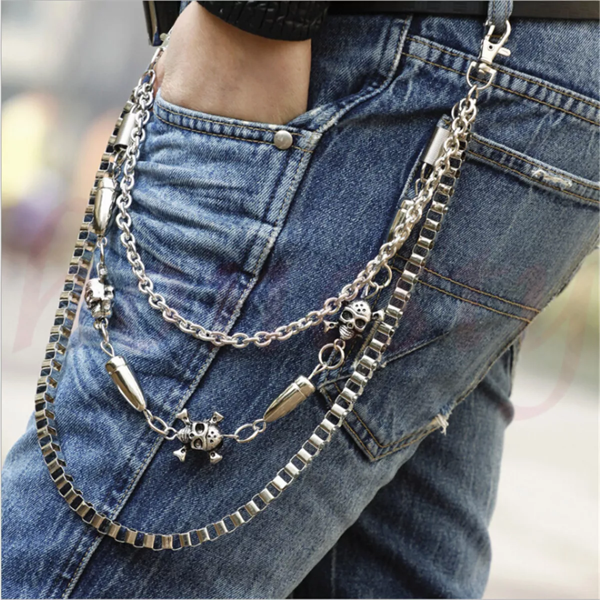 Men Trousers Pants Belt Key Chain Punk Skull Jean Gothic Rock Silver Three  3 Row