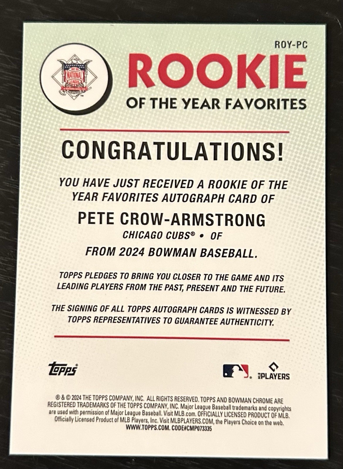 2024 Bowman Chrome Pete Crow-Armstrong Auto Refractor #013/150 RC ROY Favorites view 2