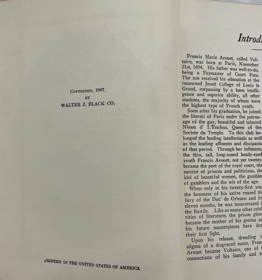 The Works of Voltaire 8 Volumes in 1 Walter J. Black 1927 Vintage Antique Book Foto 3 de 3