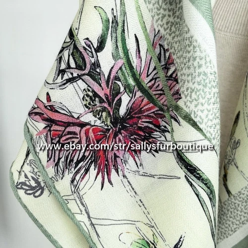 Sallys 70% Cashmere 30% Silk Stole Dragonfly Print 2 Face Scarf Shawl 53" Green - Picture 7 of 16
