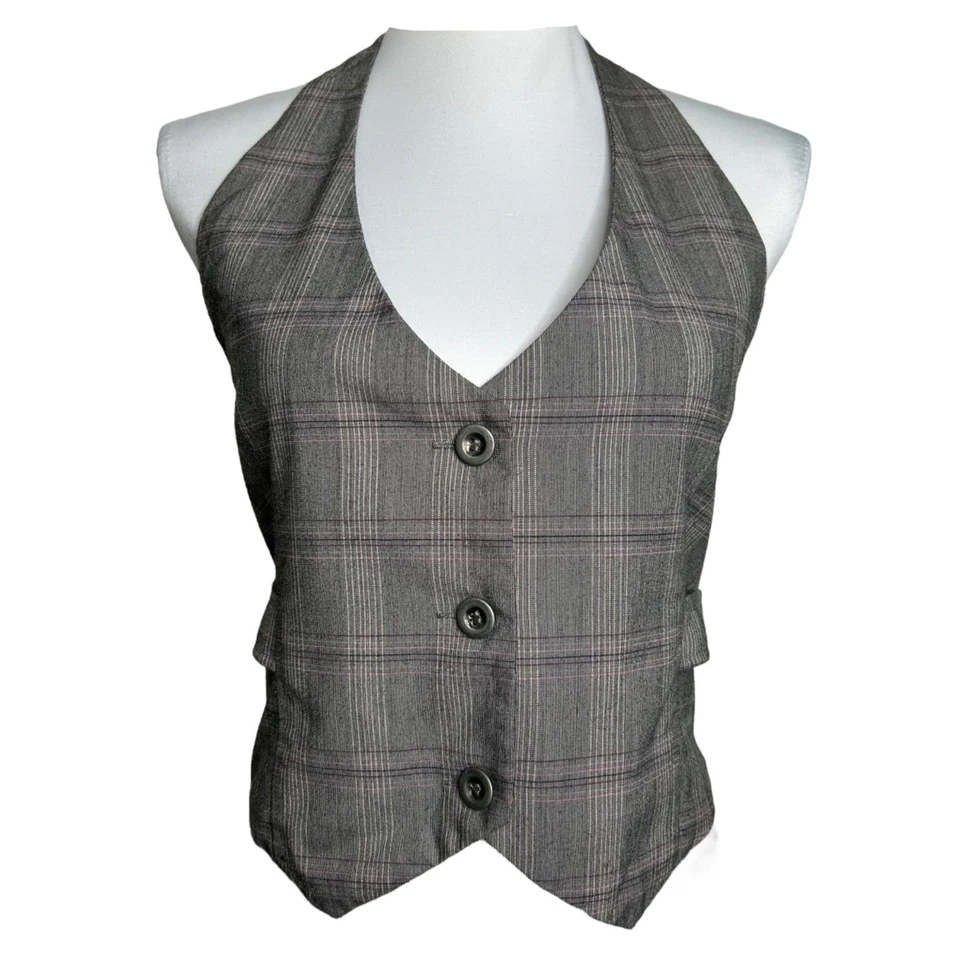 Camiseta sin mangas vintage Y2K FANG XL/L gris a cuadros sin mangas con botones elásticos Foto 2 de 4