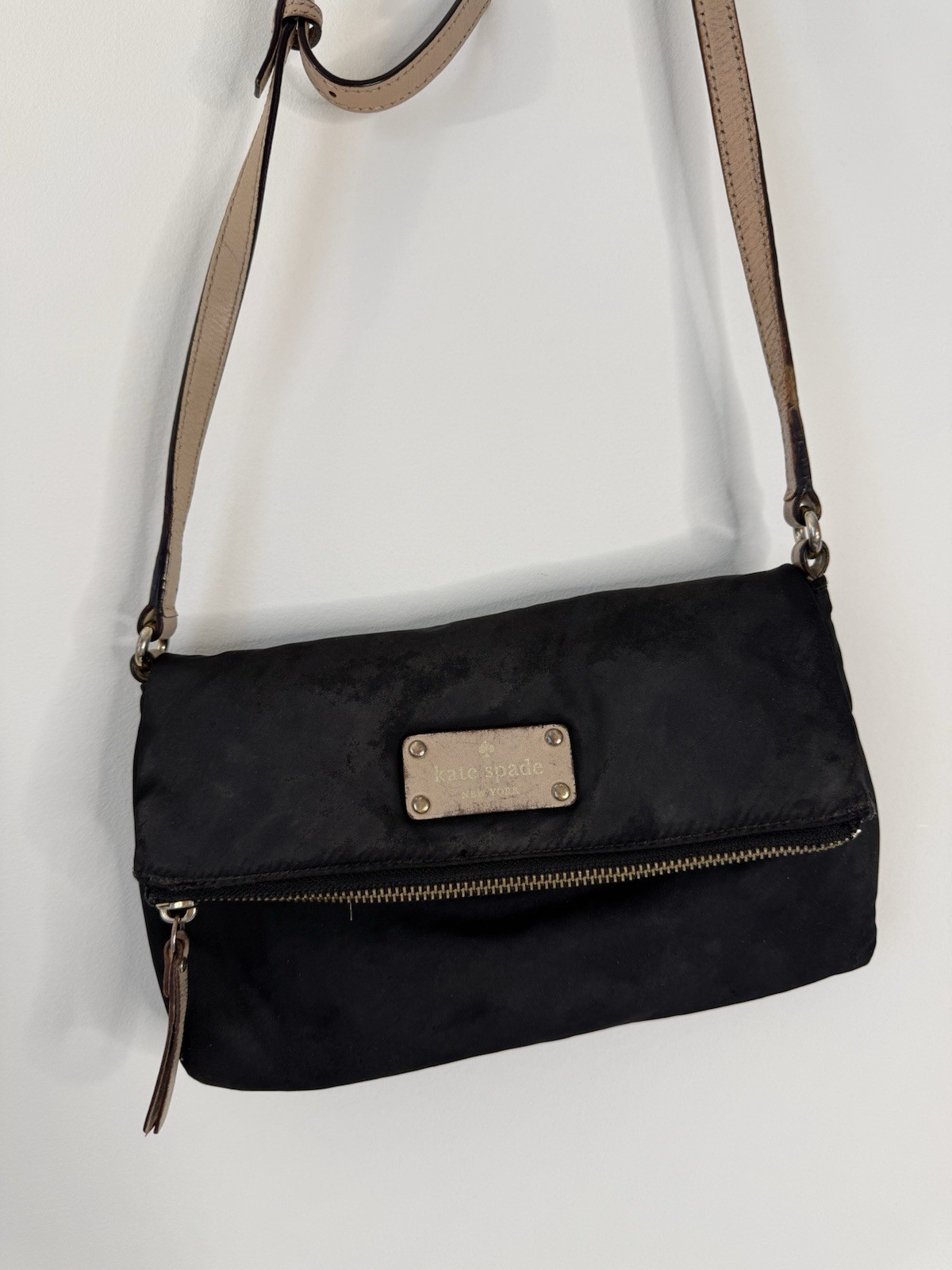 ✿ Kate Spade NY Black Nylon Foldover Crossbody Polka Dot Lining Bag Excellent