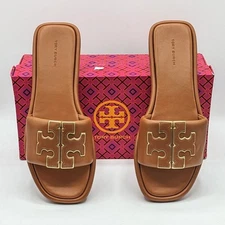 Tory Burch “Double T Sport Slide Sandals” Nappa Leather (Bourbon Miele/Gold) 10