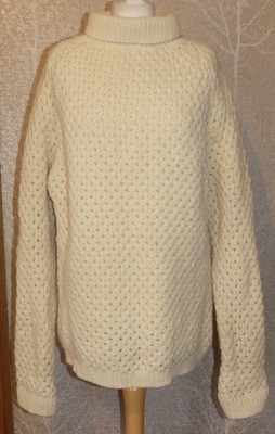 VINTAGE 80s INVICTA CHUNKY IVORY WOOL KNIT ROLL NECK JUMPER XL