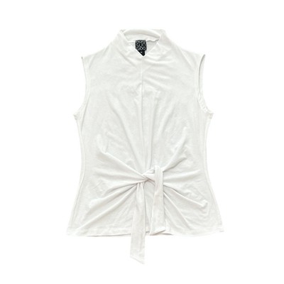 Clara Sun Woo Women s White Mock Neck Waist Tie Sleeveless White Blouse Size XS