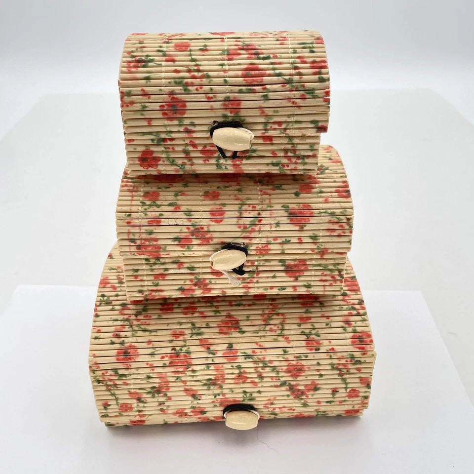 Floral Bamboo Trinket Boxes Set of 3 Decorative Storage Bins Vintage Organizer - Image 2 of 4