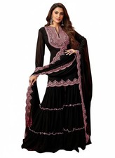 Women's Georgette Embroidery Kurta Sharara Set with Dupatta G266-Black-L 
