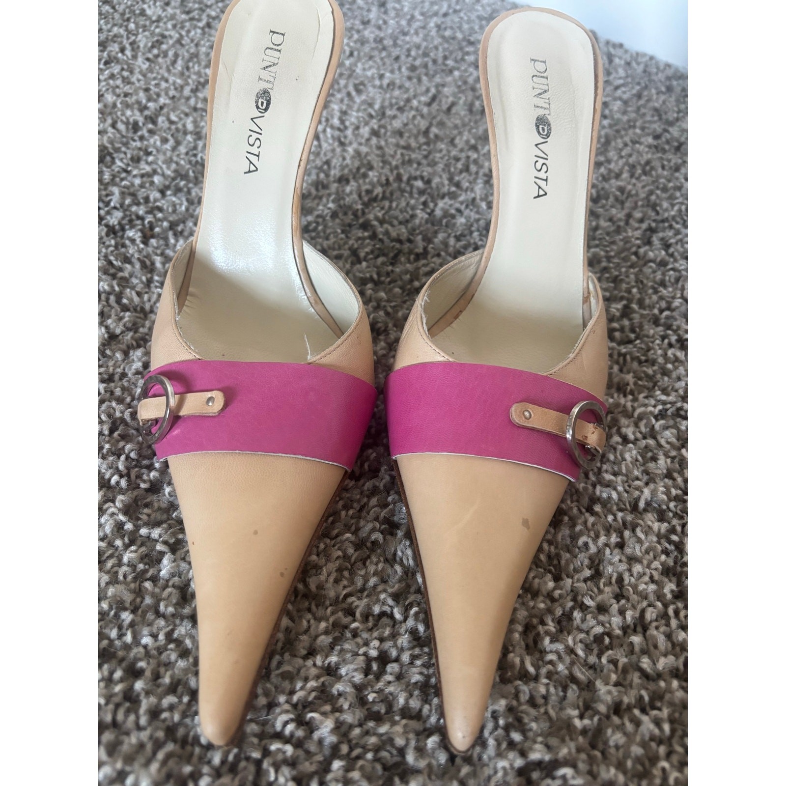 Vintage Punto Vista Leather Mule Heels Size 37 Nude Pink Slip On Pumps Y2K