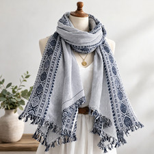 Blue White Striped Boho Scarf Shawl Wrap Fringe Floral Border Long