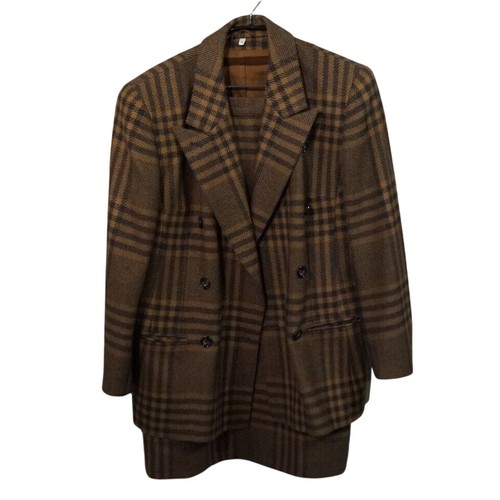 Akris, Blazer e gonna midi Akris Club vintage marrone a quadri in lana a quadri taglia L