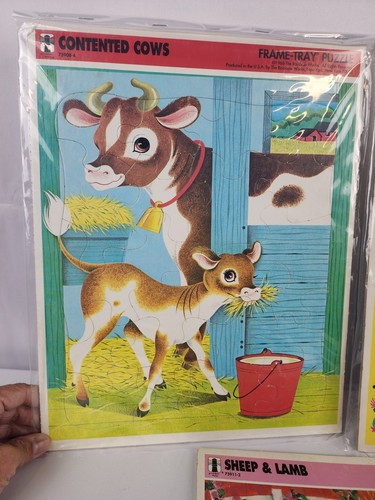 1968 Vintage Lot of 3 Frame tray PUZZLES Happy Horses Cows Sheep Lamb ANIMALS - Picture 2 of 6