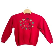 Vintage Fruit of the Loom Red Sweatshirt Hearts Applique Womens L USA Made