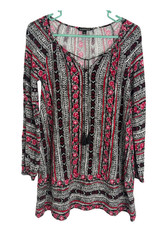 Express Black, White & Pink Floral Stripe Long Sleeve Peasant Mini Dress