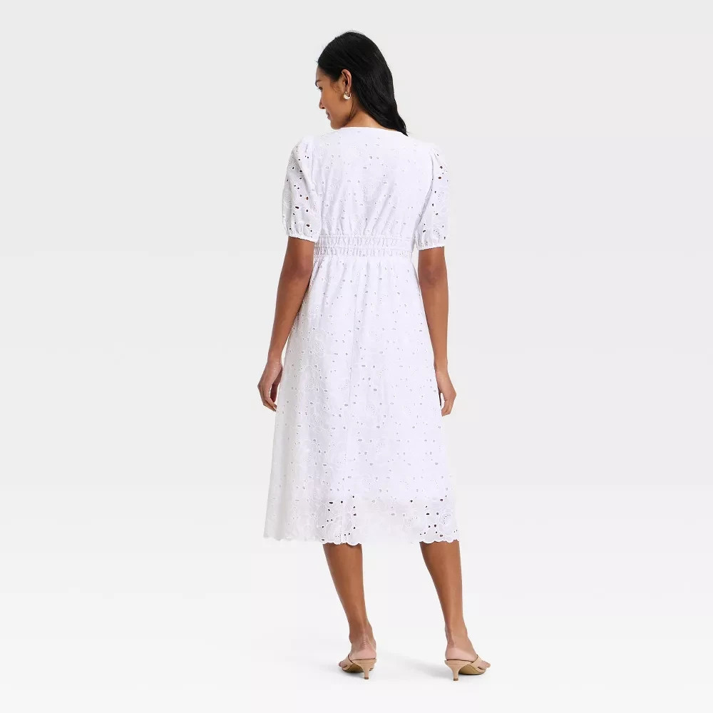 Women Puff Elbow Sleeve Eyelet Midi Empire Waist Dress - A New