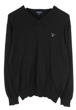 GANT Jumper Men's LARGE Pullover Knitted V-Neck Embroidered Logo Black