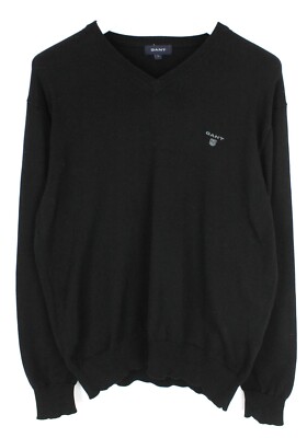 GANT Jumper Mens Large Knitted V Neck Embroidered Logo Black