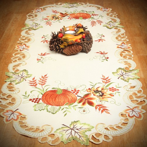 Pumpkin Sunflower Embroidery Tablecloth Table runner Pillowcase Linen-Look Cream - Picture 18 of 26