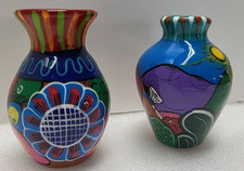 Pair of Isidoro Mexico Terracotta Small Hand Painted Glazed Mini Vases Folk Art