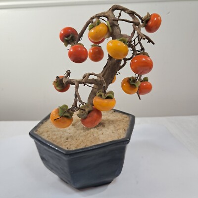 Vintage Persimmon Plant Figurine lucky Asian bonsai fruit Tree Glass Orange jade