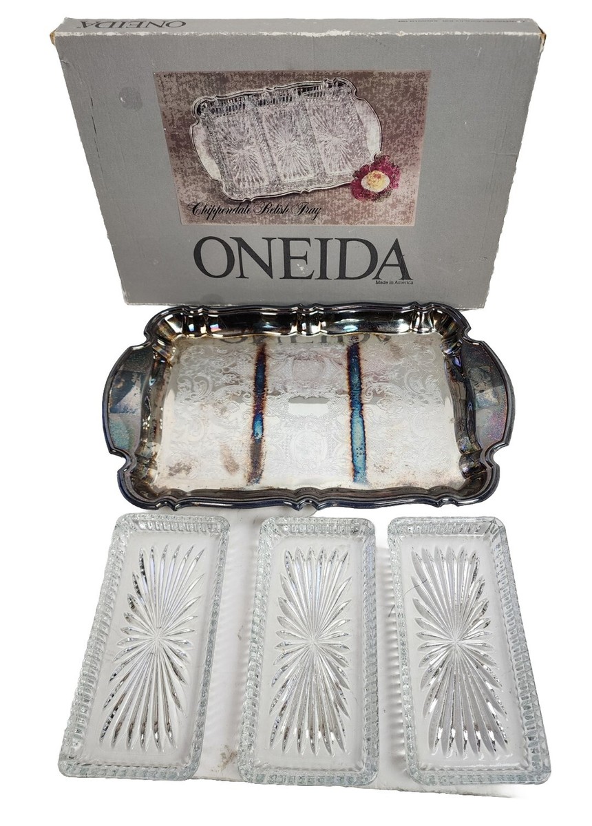 Vintage Oneida Silverplate Chippendale Relish Tray With 3 Crystal