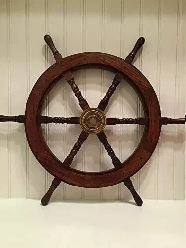 24 Inch Brass Wooden Ship Steering Wheel Pirate Vintage Wall Decor