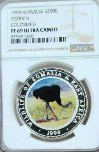 1998 SOMALIA SILVER 250 SHILLINGS OSTRICH NGC PF 69 ULTRA CAMEO RARE TOP POP