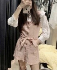 NWT ZARA Light Pink Linen Tie Waist Button Romper Jumper w/ Pockets M / 49.90