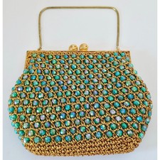 VINTAGE NEW 1960's Hand-Made Fancy Beaded Green/Blue Purse with Gold Strap