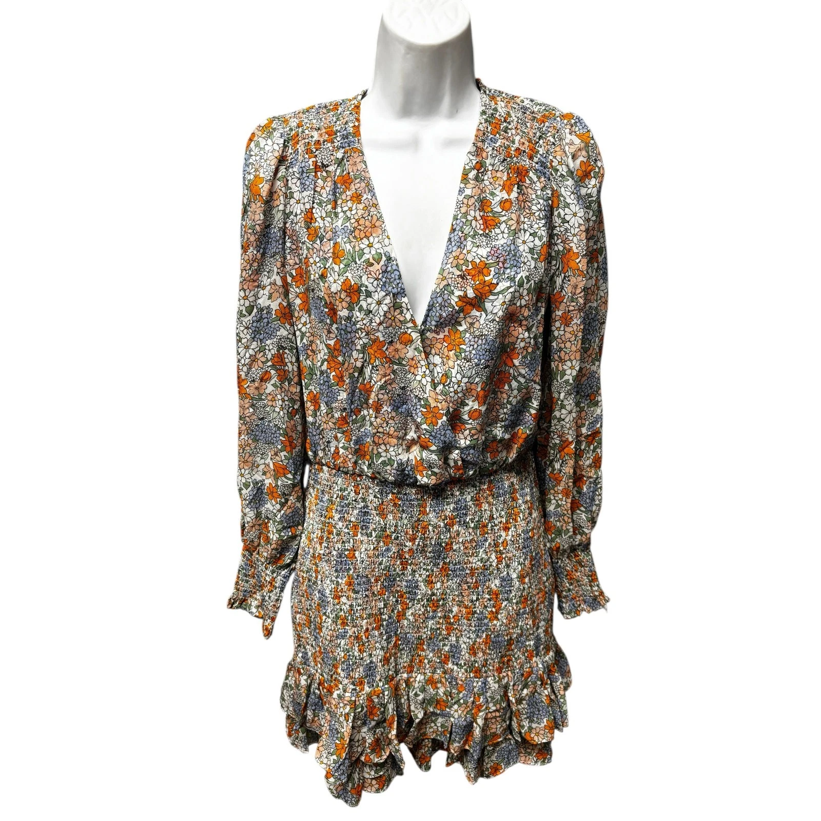 OFF WHITE Abito Veronica Barba Saera Floreale Smocked Manica Lunga Seta in Bianco Off Multi