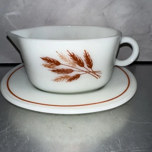 Vintage 1970's Pyrex Milk Glass Autumn Harvest Wheat Gravy Boat 77B & 77U Plate