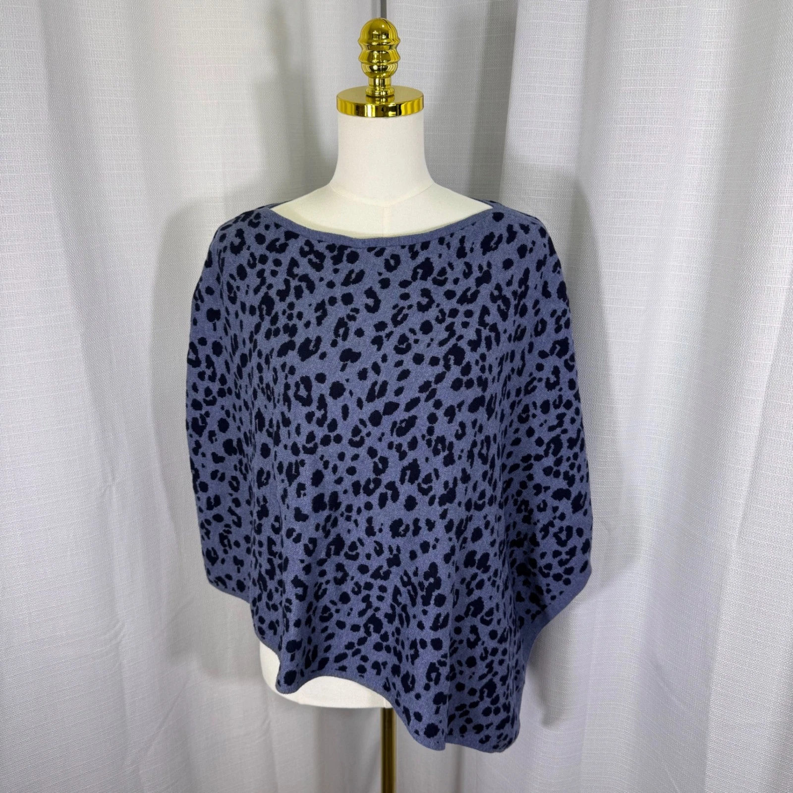 Talbots Blue Leopard Print Knit Poncho Asymmetrical Cotton Modal Wrap M/L