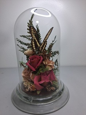 Decorative Glass Dome Real Butterfly, Pink Flowers Glass Base Display 9''