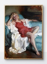 Dipinto ad olio originale figura femminile 28x20 donna sdraiata in abito...