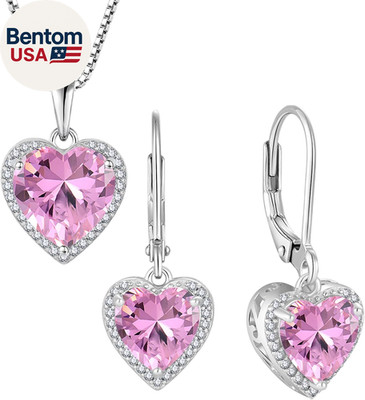 Love Heart Jewelry Set for Women Pink Tourmaline Necklace & Earrings October Bir