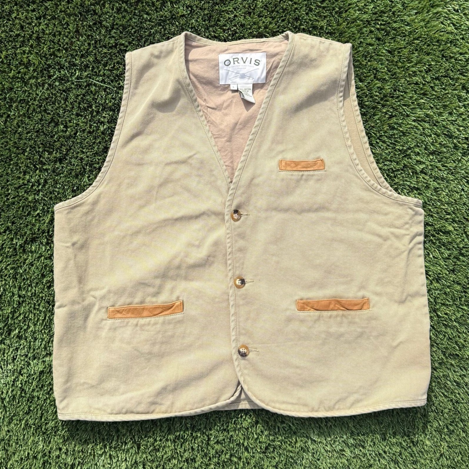 ORVIS Mens Khaki Tan Cotton Utility Vest Size L Leather Trim Pockets Outdoor